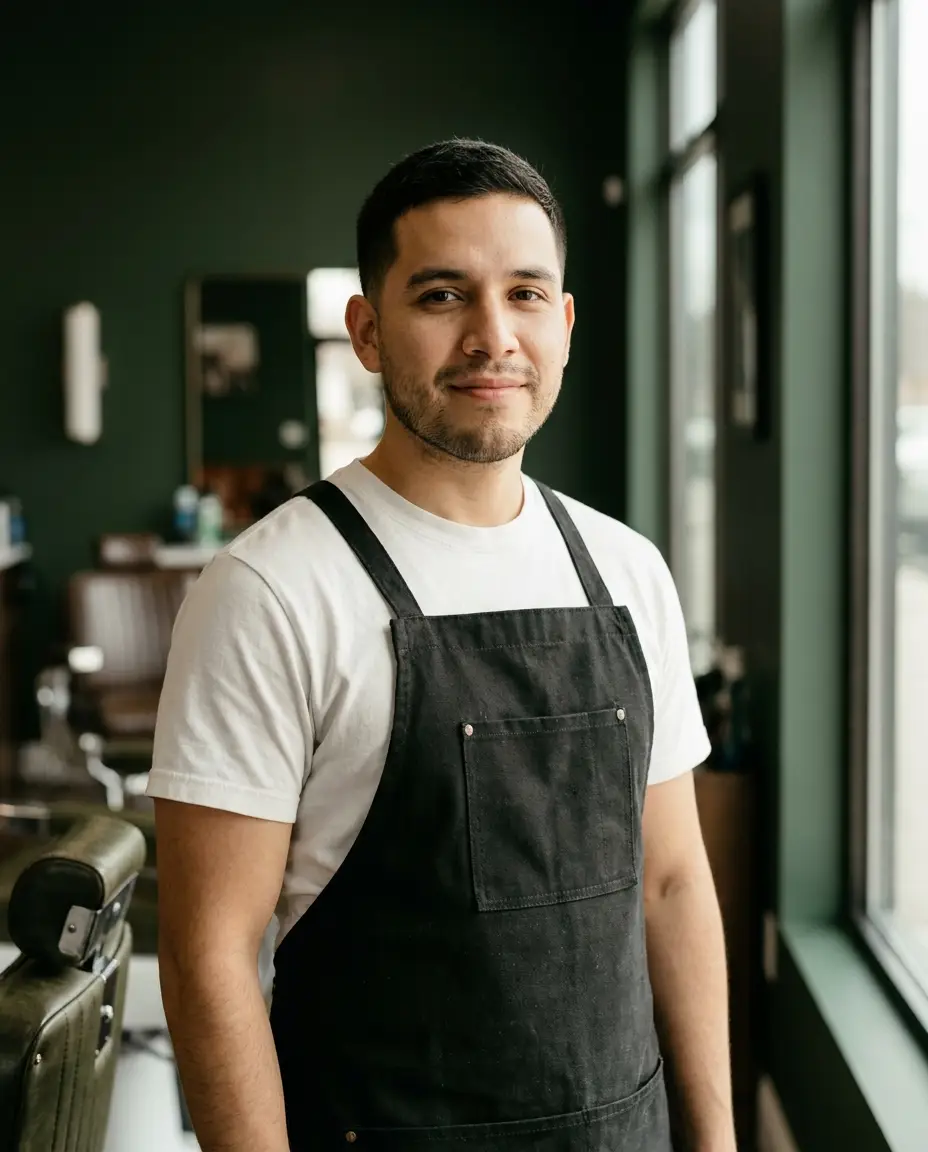 Theo Delgado, barber at Fresh Cuts Co. specialising in line work and straight razor shaves