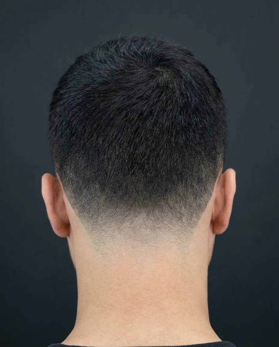 Close-up of a finished skin fade haircut showing clean taper lines at the neckline