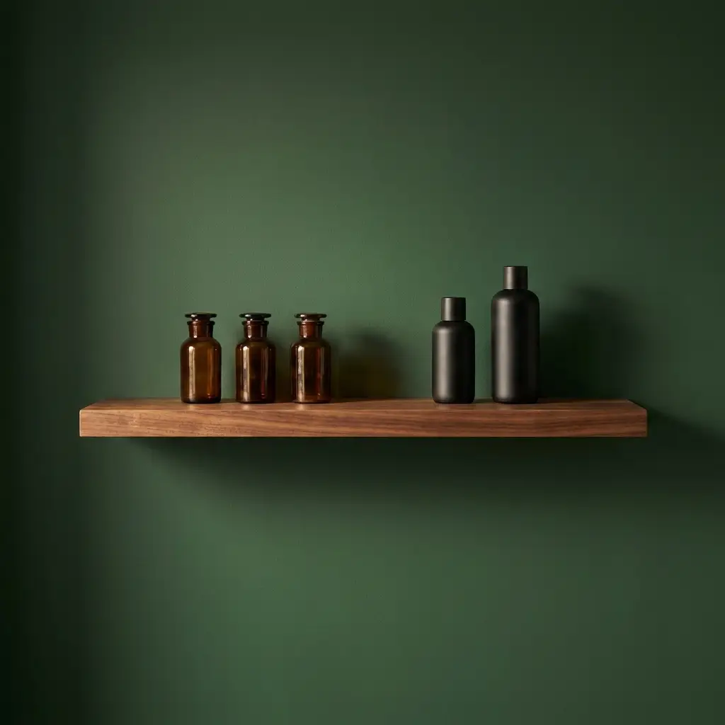 Grooming products on a walnut shelf against a deep green wall
