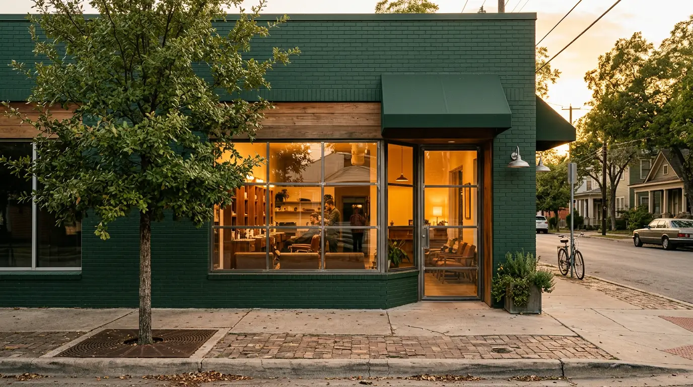 Fresh Cuts Co. storefront on East Cesar Chavez Street in Austin at golden hour