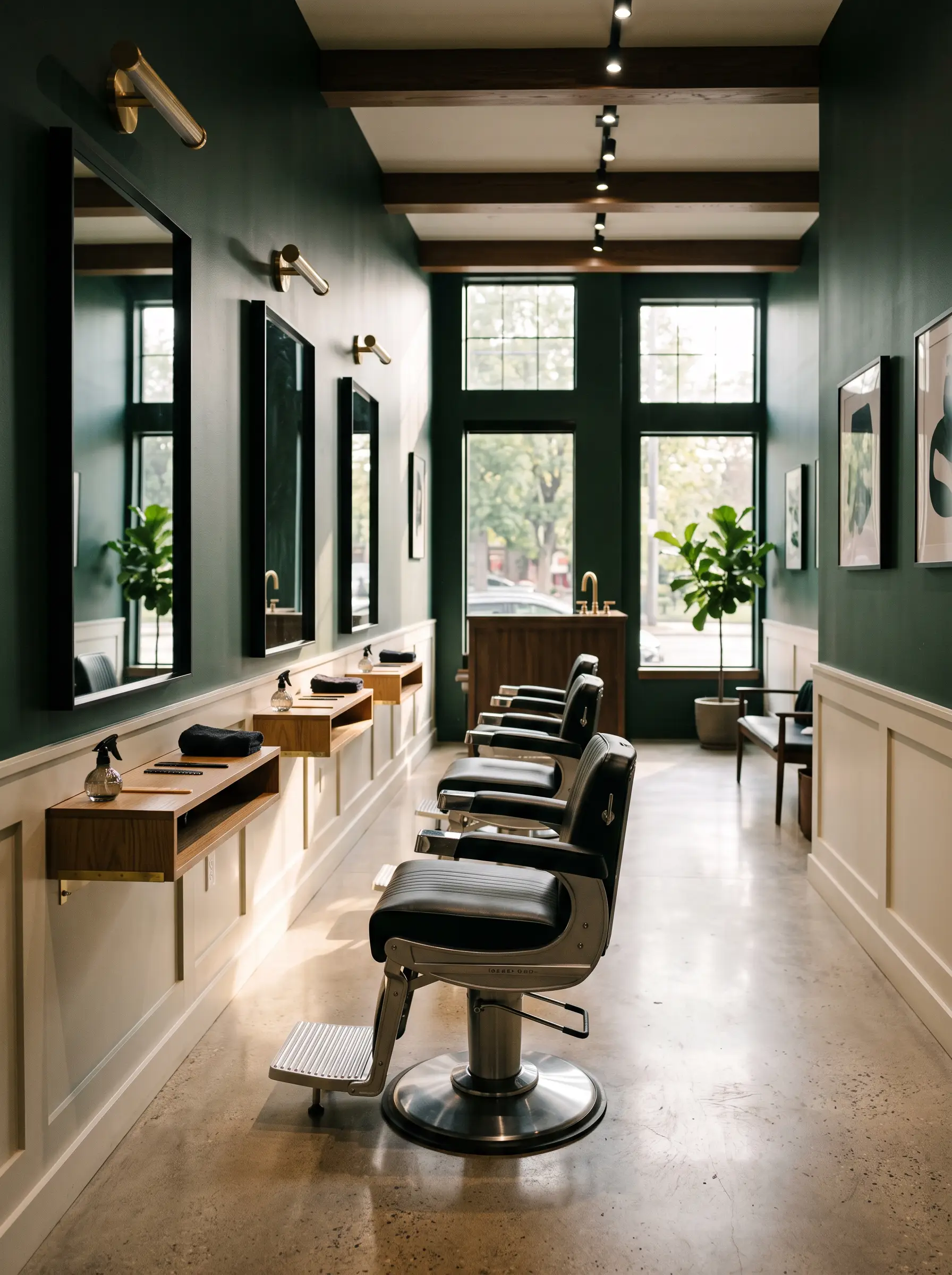 Interior of Fresh Cuts Co. barber shop in East Austin, with deep green walls, black leather barber chairs and warm afternoon light